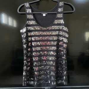 Garnet Hill Black Sequin Stripe Top, Size S